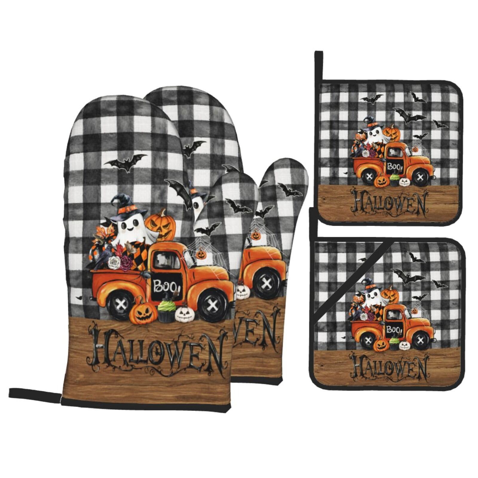 Halloween Truck Oven Mitts and Pot Holders Sets 4 Pack