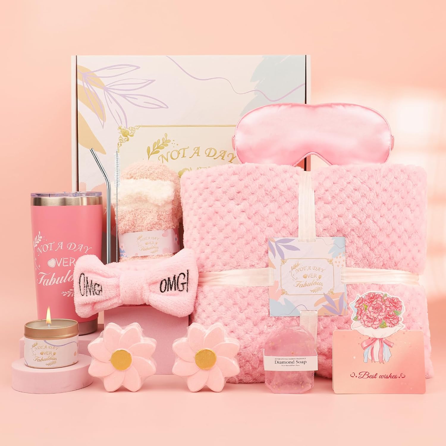 Luxury Spa Gift Basket for Women-Self Care Birthday Gifts Set with Bath Bombs,Bath Salts,Flannel Blanket & Soy Candle Relaxing Gifts for Wife,Mom,Best Friend,Her Perfect For Mother’s Day(Pink)