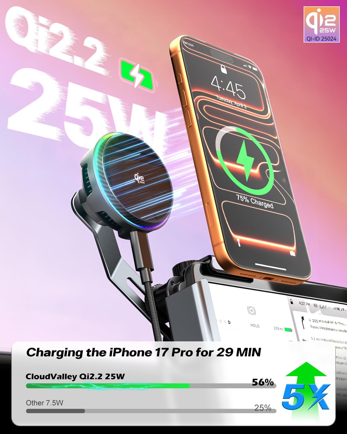 CloudValley Qi2.2 Support de téléphone sans fil 25 W pour Tesla Model Y/3, support de voiture magnétique réglable avec ventilateur de refroidissement et adaptateur 45 W, support métallique extensible