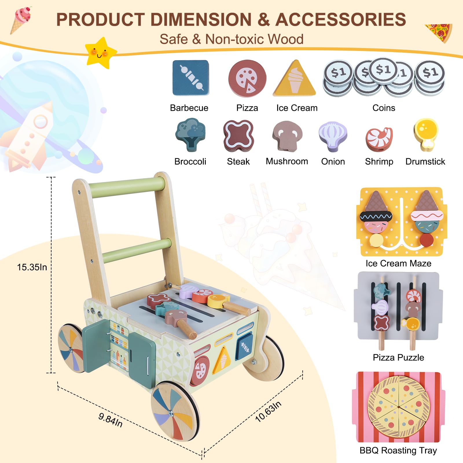 Kitchen Montessori Walker z drewna, zabawka Baby Walker z regulowaną prędkością