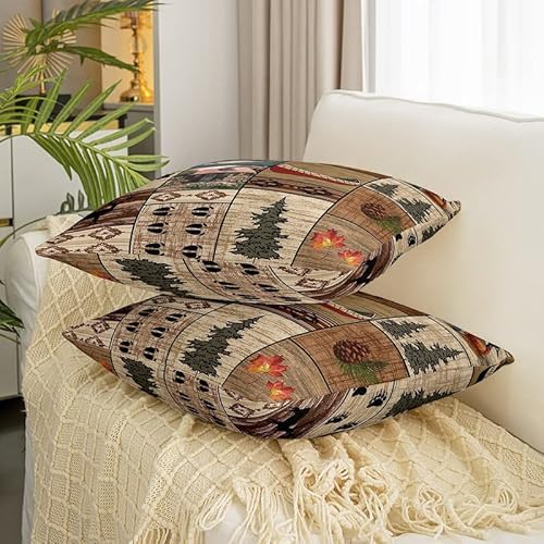 Fish Throw Pillow Covers 22"X22" Set Of 2 Soft Kids Bear Decorative Throw Pillowcases For Deer Duck Pattern Pillow Cases Cushion Covers Farmhouse Animal Grid Brown Cushion Cases #TOP2