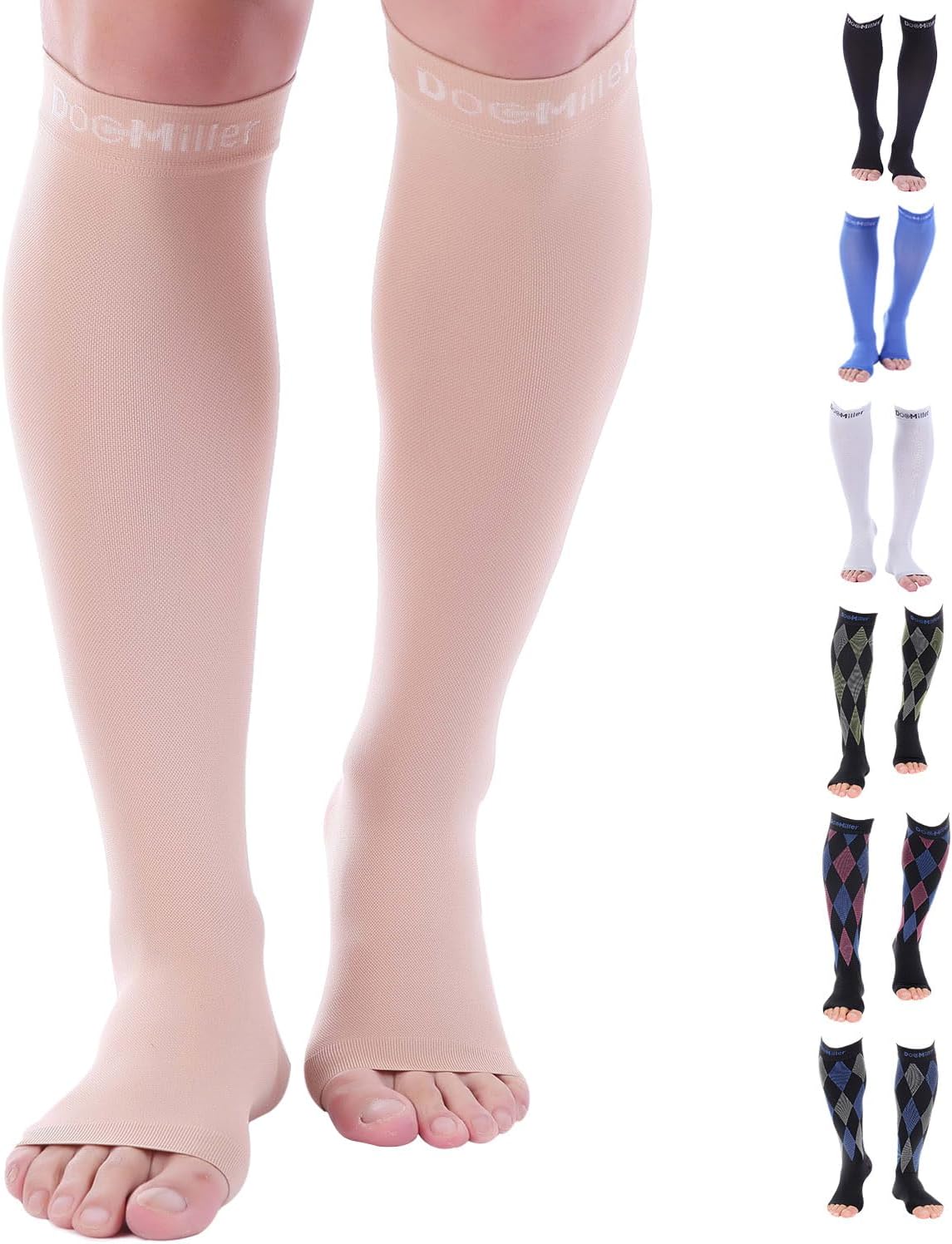 Doc Miller Open Toe Compression Socks, 30-40 mmHg, Toeless, Support Circulation, Shin Splints, Calf Recovery, Varicose, Knee High, Medical Grade, Skin/Nude Socks, 4X-Large Size for Men & Women, Pair