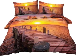 BlessLiving Ocean Duvet Cover Set, Sunset on The Beach of Caribbean Sea Waves Coast with Boat Dock, 3 Piece Bedding Set with Shams, Twin, Orange