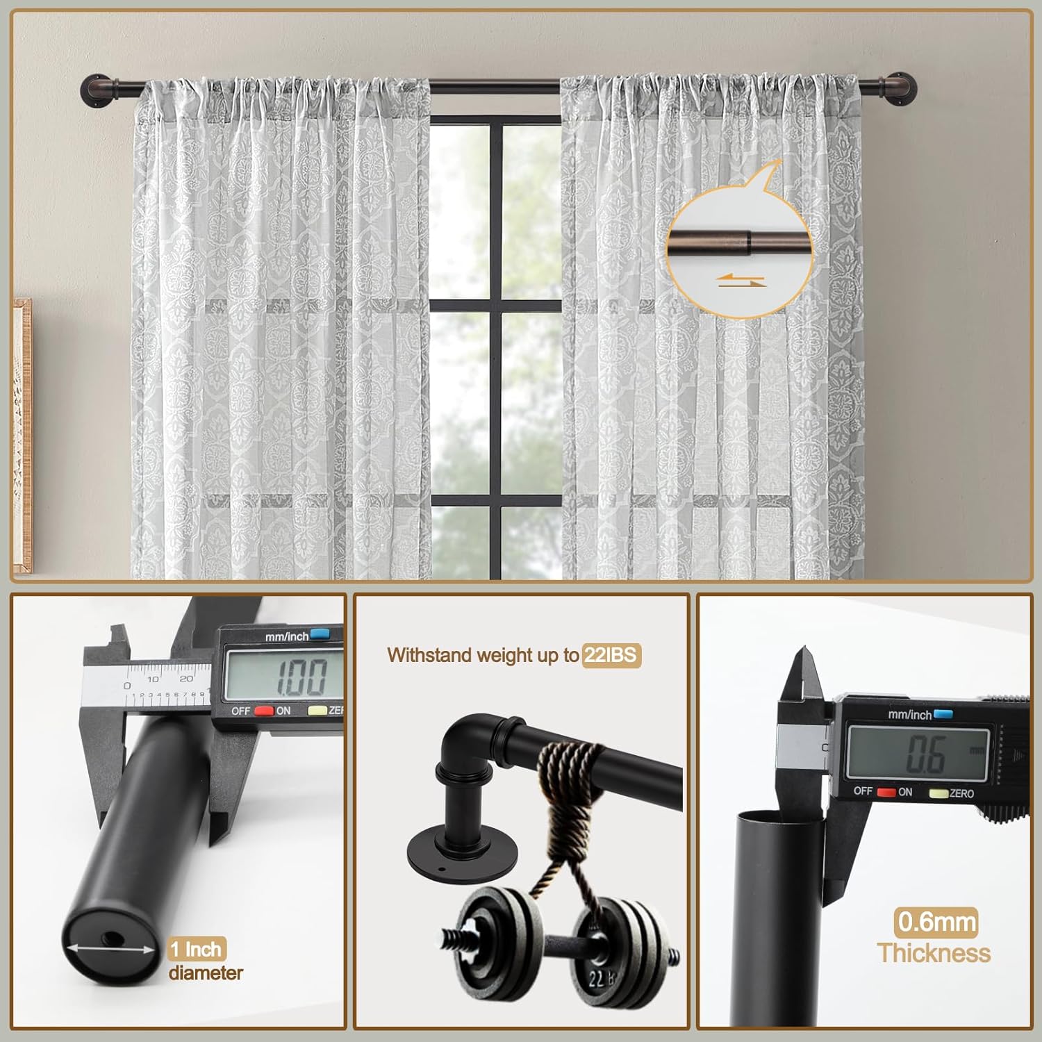 Industrial Pipe Curtain Rod 18 to 88 Inch,1 Inch Diameter Adjustable Wrap Around Curtain Rod,Metal Window Treatment Rods,Ideal as Your Kitchen,Bedroom,Outdoor Patio Etc