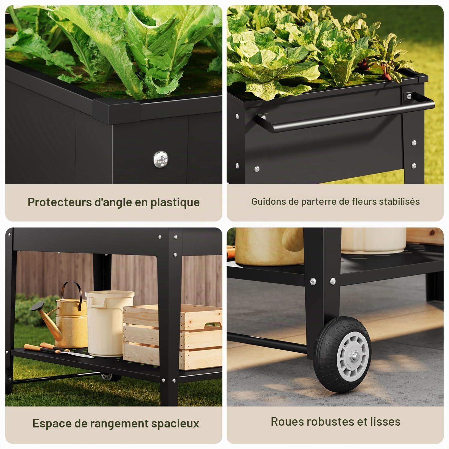 Xbro Potager surélevé avec roues et étagère, jardinière de jardin en métal, 104 x 41 x 80 cm, avec trou de drainage, pour herbes, légumes et fleurs, noir