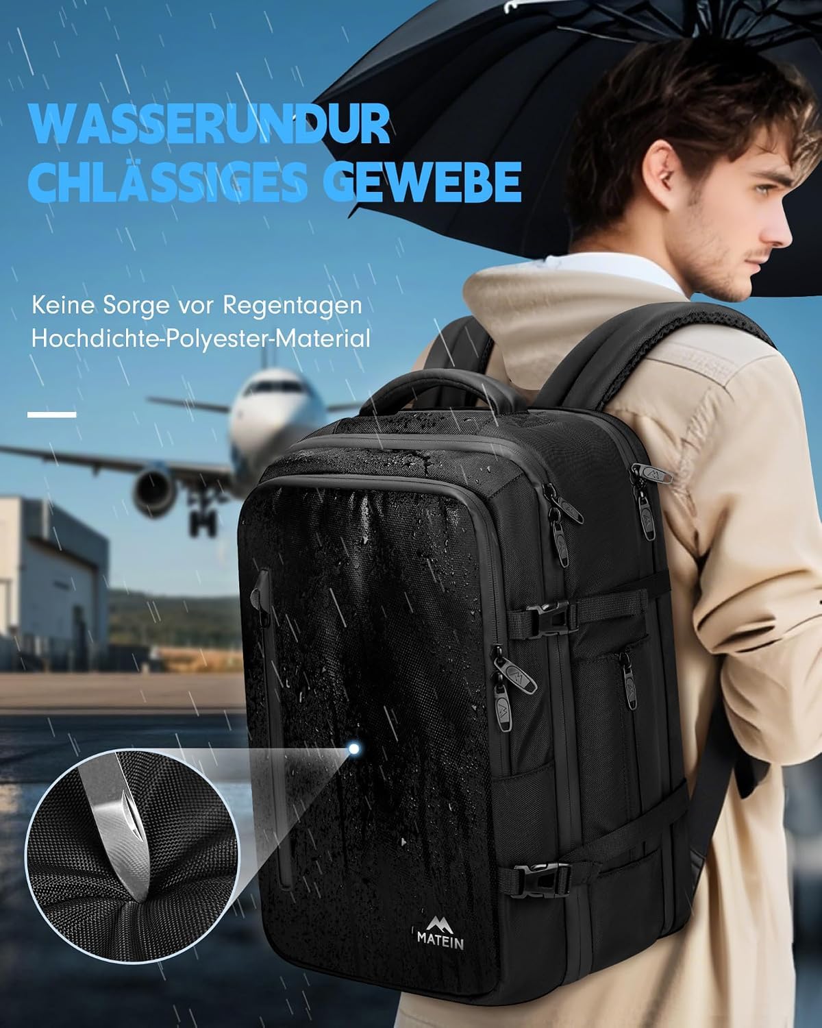 MATEIN Plecak próżniowy do bagażu podręcznego EasyJet 45 x 36 x 20 | wodoszczelny, do samolotu, dla kobiet, na laptopa o przekątnej ekranu 17,3", plecak szkolny pracy, podróży, czarny