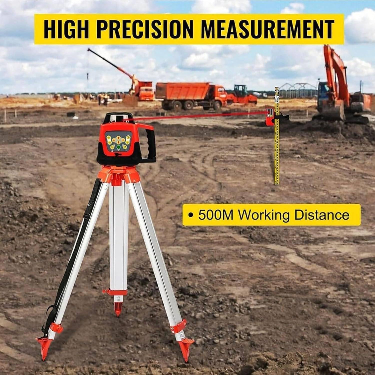 Kit De Nivel Láser Giratorio: Equipo Medición Para La Construcción Con Un Alcance 500 M Y Haz Verde; Incluye Regla Torre Trípode