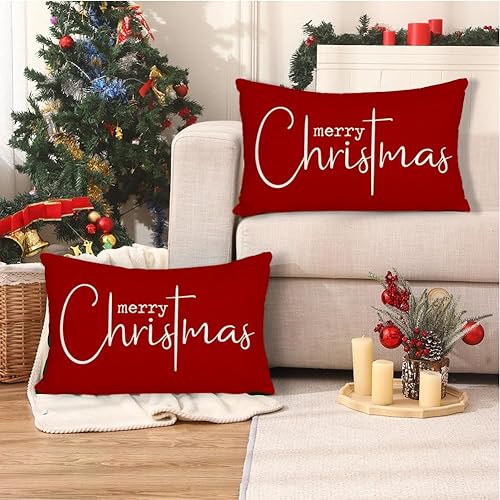 Miniatura 7 de RABUSOFA Fundas de almohada de Navidad de 12 x 20 pulgadas, fundas de almohada rojas de Navidad, almohadas decorativas, fundas de cojín de Navidad