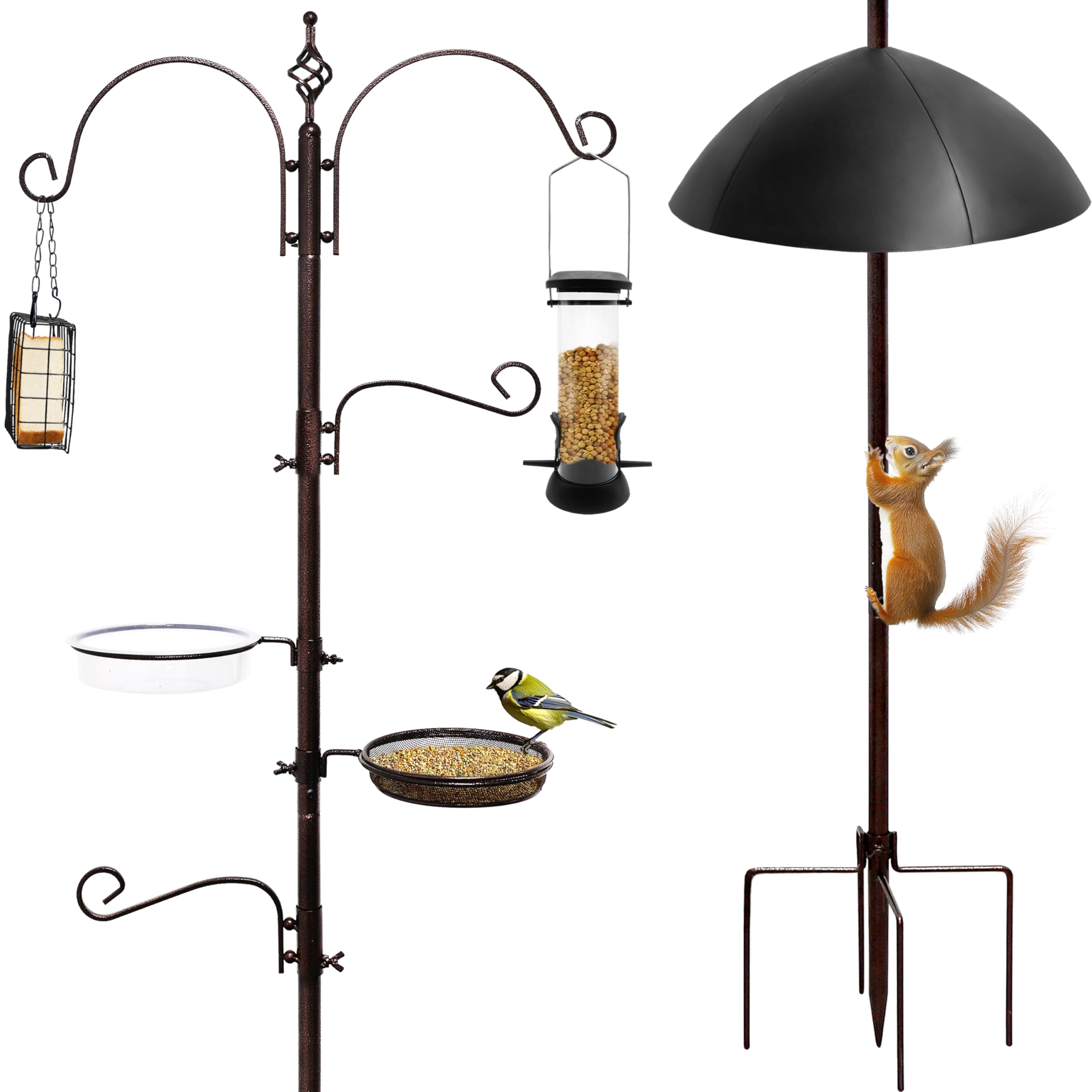 Heavy Duty Bird Feeding Station Kit, 230cm Antique Bronze Metal bird pole with Squirrel Baffle, Rat Proof Design, Multi bird feeders hanging, Suet Cage,Detachable Bird Bath