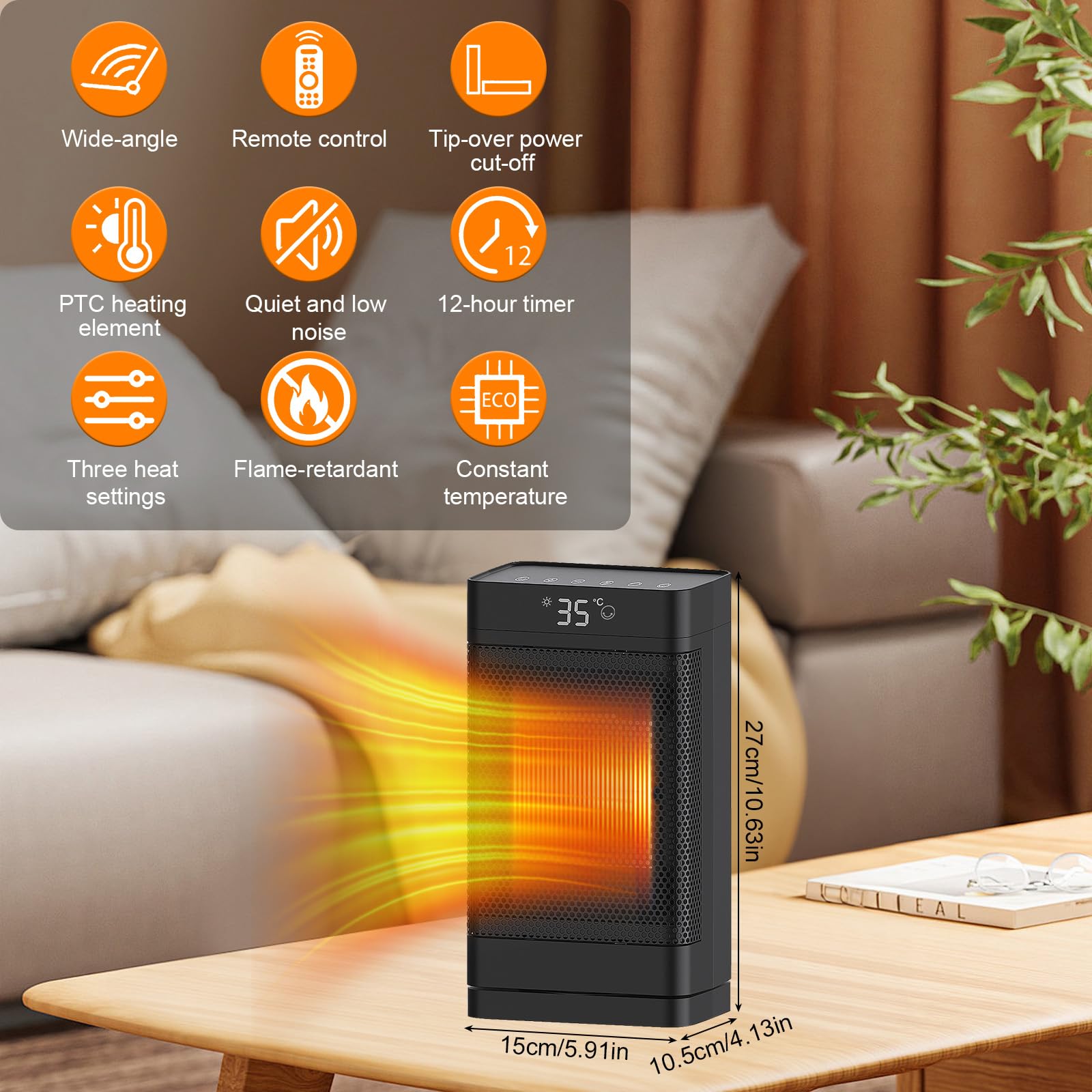 Stufetta Elettrica Basso Consumo 2000W, 3 Modalità, Modalità ECO Stufa Elettrica Basso Consumo 70° Oscillazione, Timer 12H, Telecomando, Protezione da Ribaltamento per Uso Interno