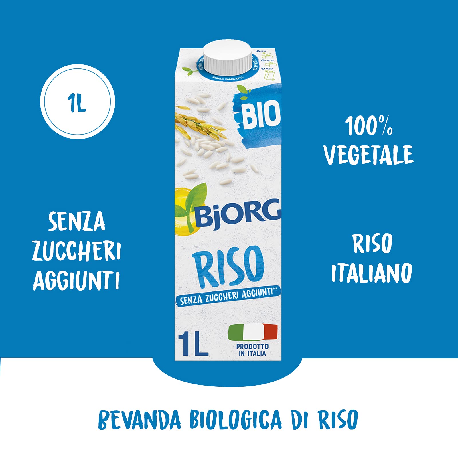 BJORG Bevanda di Riso, Vegetale, a Basso Contenuto di Grassi, Senza Zuccheri Aggiunti, Senza Glutine, Vegan, Prodotto in Italia, 1L