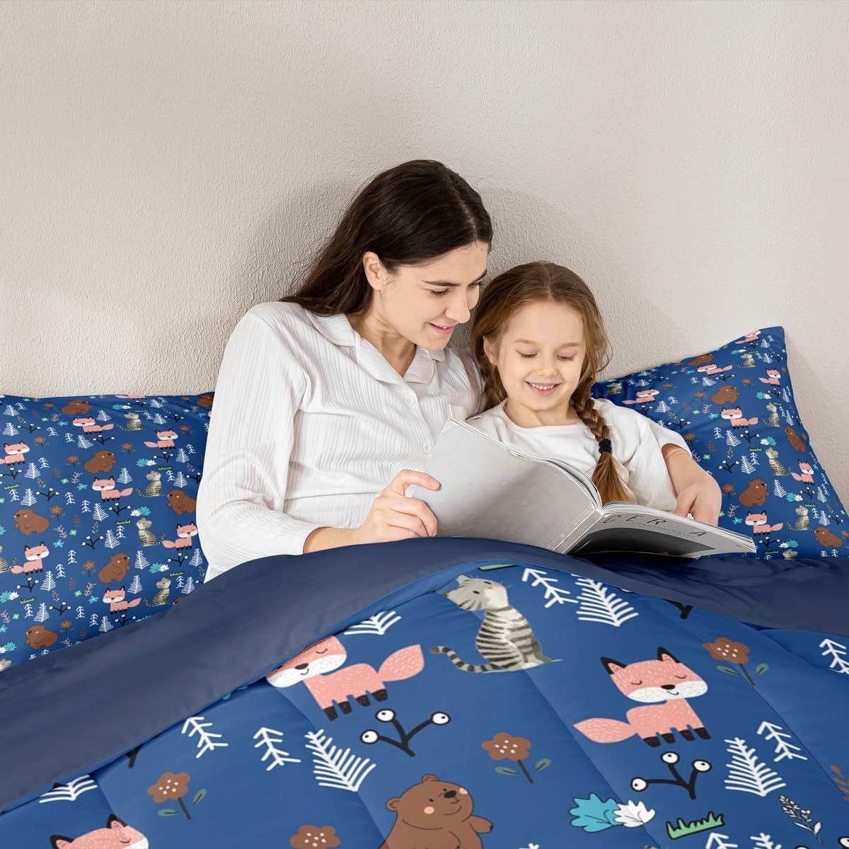 Erosebridal Full Size Boys Blue Bear Kids Comforter Set Cartoon Animal Bedding Set for Child Nursery Fox and Cat Wild Animals Comforter Woodland Animals Quilt Wildlife Botanical Duvet Insert,3 Piece