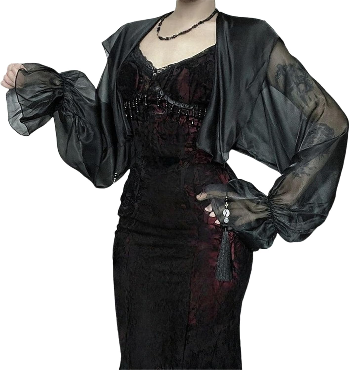 Women Goth Puff Long Sleeve Cropped Shrug Top - Vampire Hoodie Sheer Mesh Bolero Emo Evening Dresses Formal