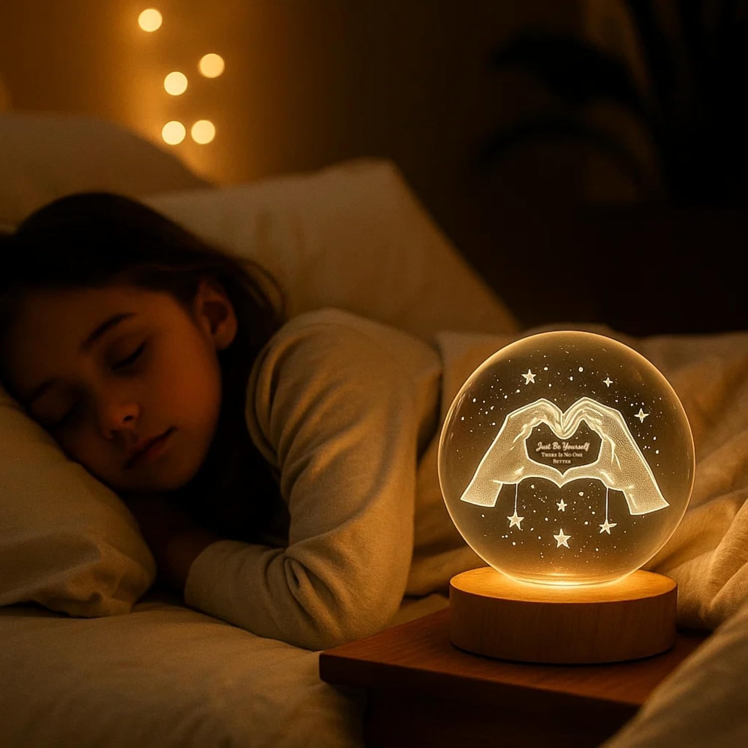 3D Engraved Crystal Ball Lamp 3.1in Glass Ball with LED Base, Just Be Yourself Inspirational LED Crystal Starry Night Decorative Light, Birthday Gift, Christmas Gift (Love Hands)