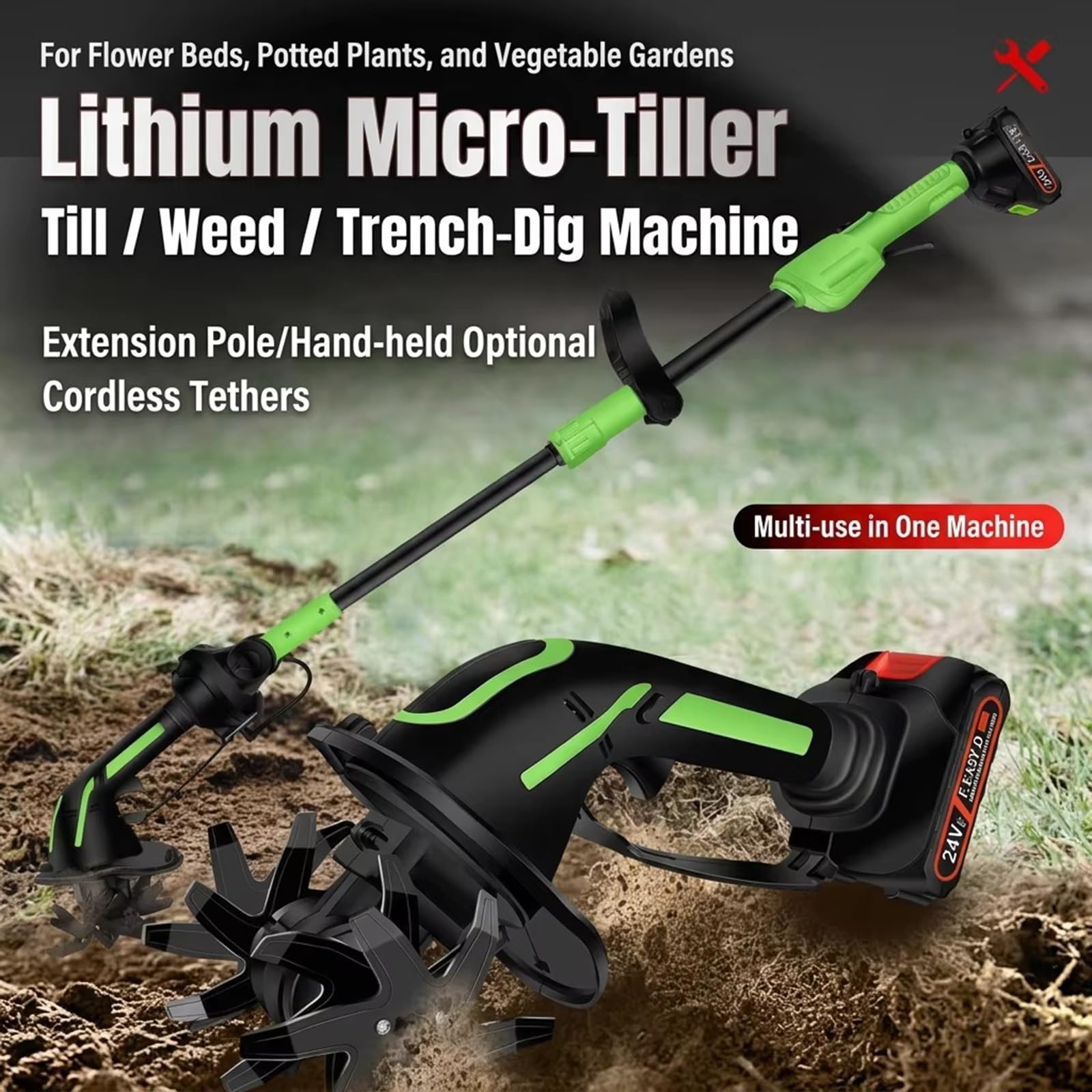 Motozappa/motocoltivatore Cordless 2 in 1, Larghezza E profondità di Lavorazione di 10cm, Motozappa Elettrica da Giardino con Asta di Prolunga da 130cm, Batterie da 24 V E Caricabatterie