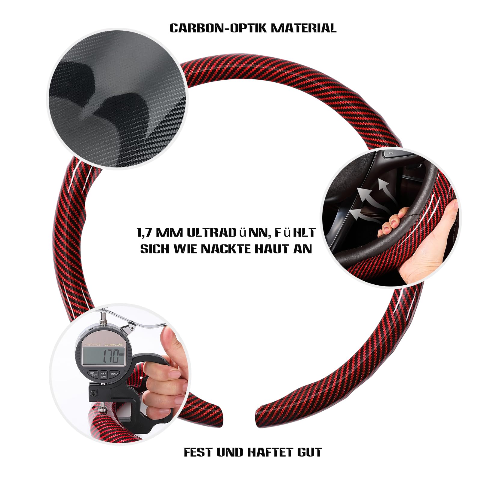 Ergocar Lenkradbezug Rund Leder Mit Carbon-Optik Ultradünn Schweißabsorbierend Atmungsaktiv Farbecht rutschfest Autozubehör Universalgröße 38 cm (14 Zoll)