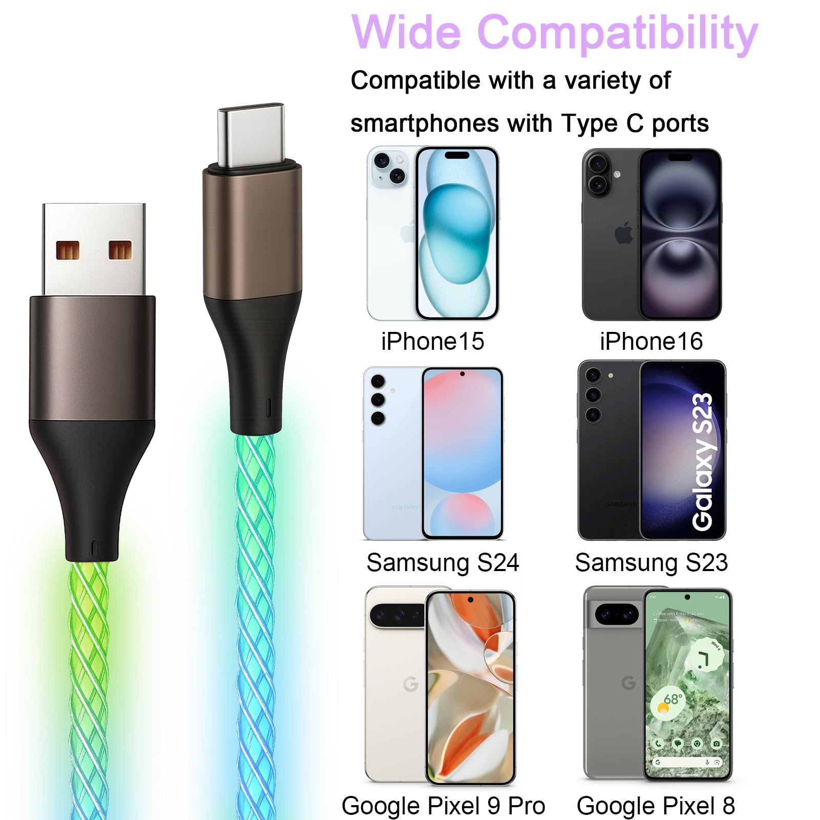 Cable USB C iluminado, cables de carga rápida LED tipo C