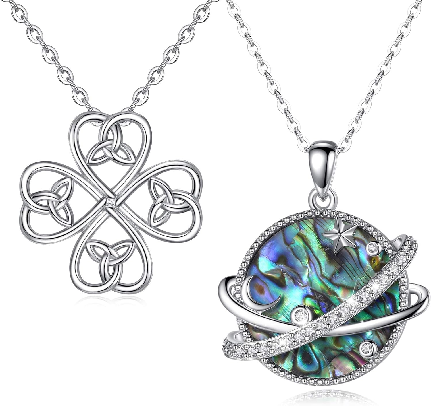 INFUSEU 2 Pack Sterling Silver Necklaces for Women Girls - Abalone Moon Star & Celtic Four Leaf Clover Pendant, 18" Chain