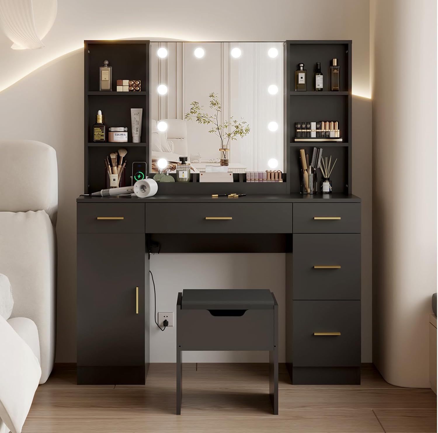 Makeup Vanity Desk With 10 Led Lights, 3 Lighting Colors, Brightness Adjustable, Vanity Set Dressing Table With 5 Drawers ,6 Open Shelves & 1 Cabinets and Multiple Shelves, Large Vanity 45.2"L