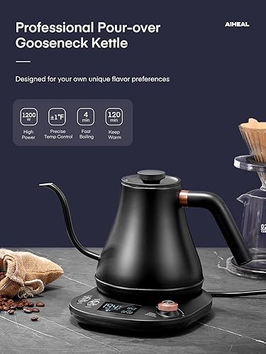 Miniatura 9 de Hervidor eléctrico de cuello de cisne con control de temperatura, hervidor eléctrico para café y té, interior de acero 100% inoxidable,