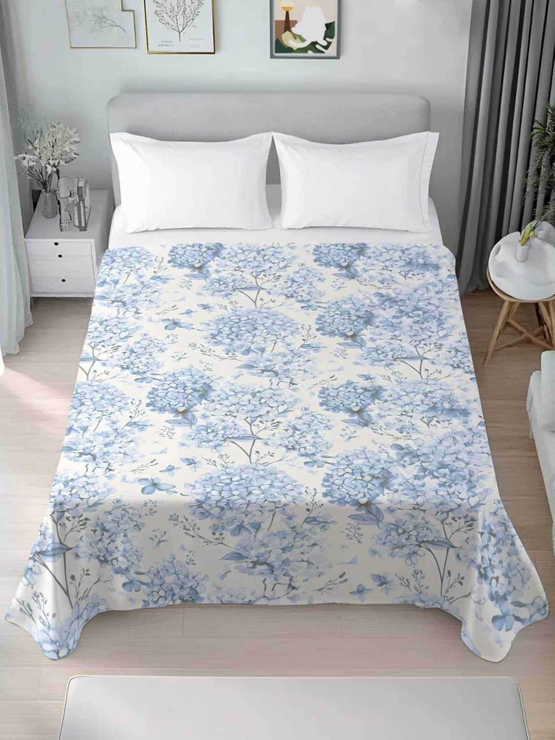 King Size Flat Sheet Only, Blue Hydrangea Flower Bed Top Sheet Soft Microfiber Breathable Bedding Flat Sheets, Watercolor Floral Seamless Top Sheets Hotel Luxury