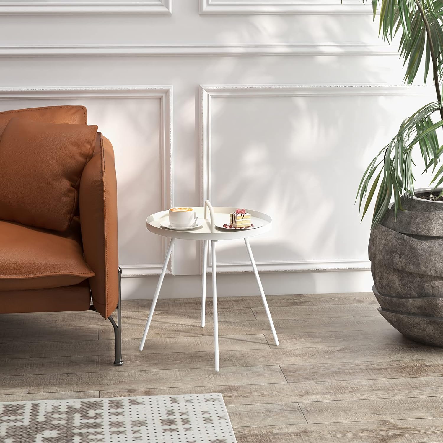 Grand patio Outdoor Side Table with Handle, Small Portable End Table, 17-in Round Side Table, White