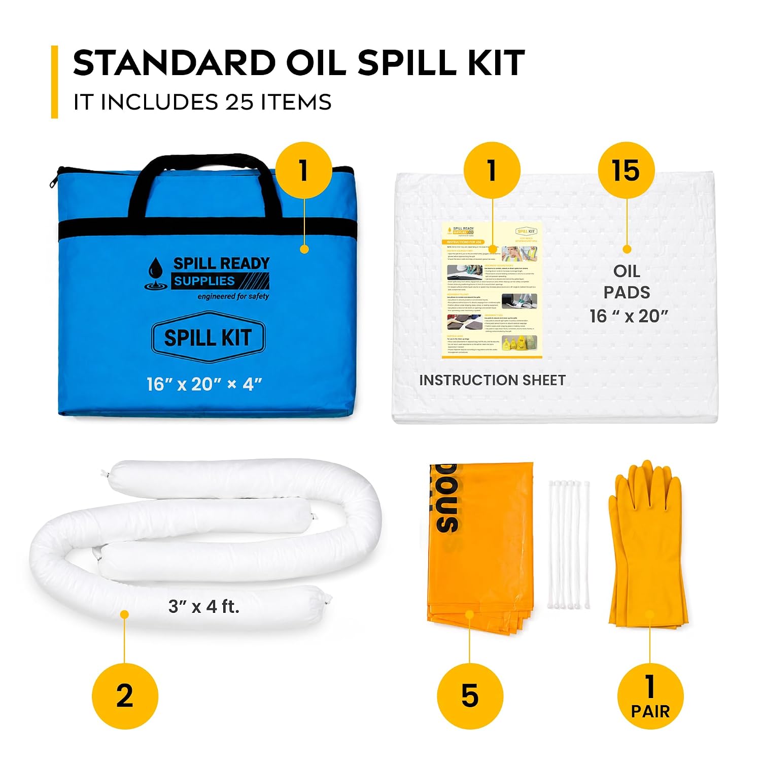 Spill Ready Oil Only Spill Kit - Standard, Portable Spill Response Kit in Oxford Bag for Oil, Coolant | Fast-Absorbing Emergency Kit | White | 25 Pieces - Includes Oil Only Socks, Pads & Accessories