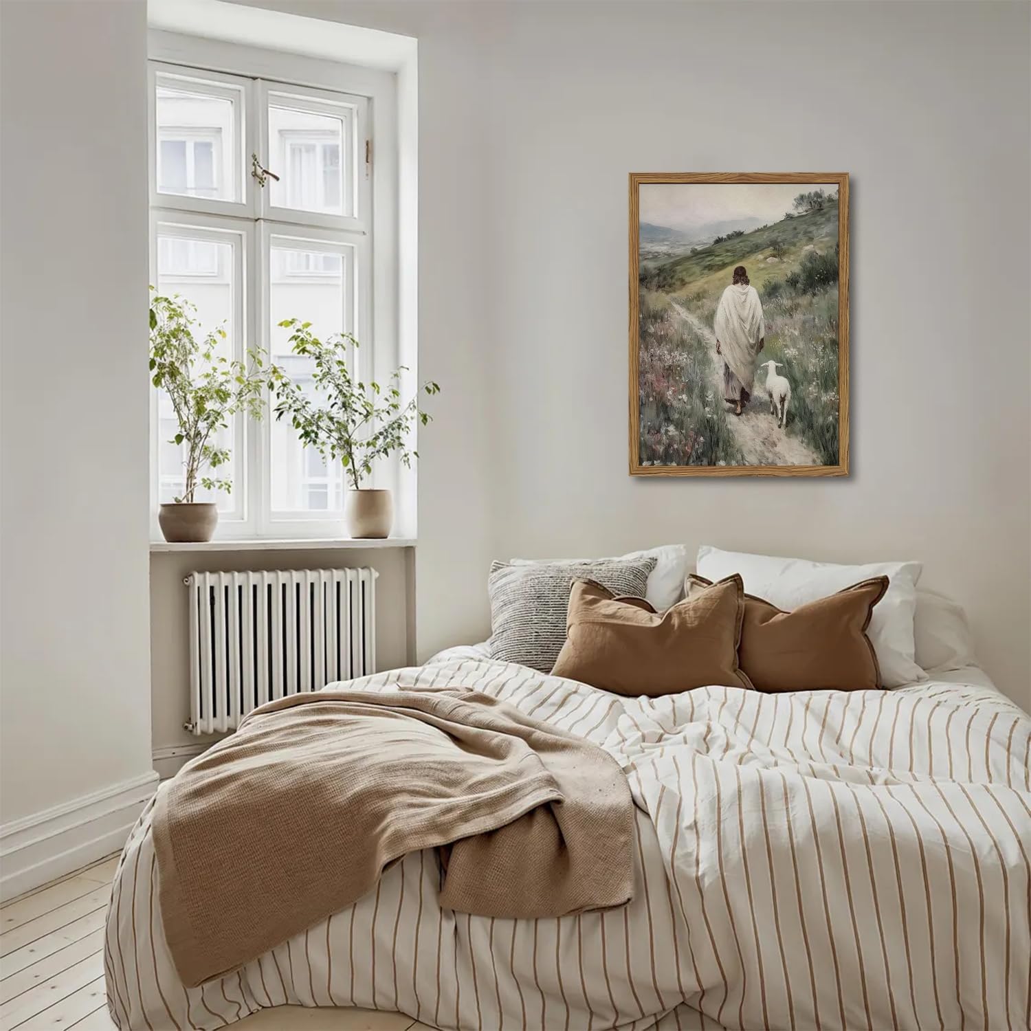Jesus and Lamb Wall Art 3D Textured Hand Drawn Sandstone Lost Lamb Wall Decor, Jesus Leaves the 99 Sheep Christian Paintings Artwork for Living Prayer Room Bedroom 24x36 inch Wood Framed
