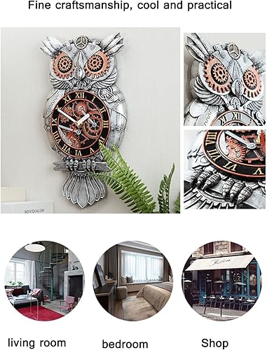 Miniatura 5 de Reloj de pared con péndulo, reloj de péndulo de búho steampunk de imitación de metal de imitación de reloj de pared de resina pintada a mano
