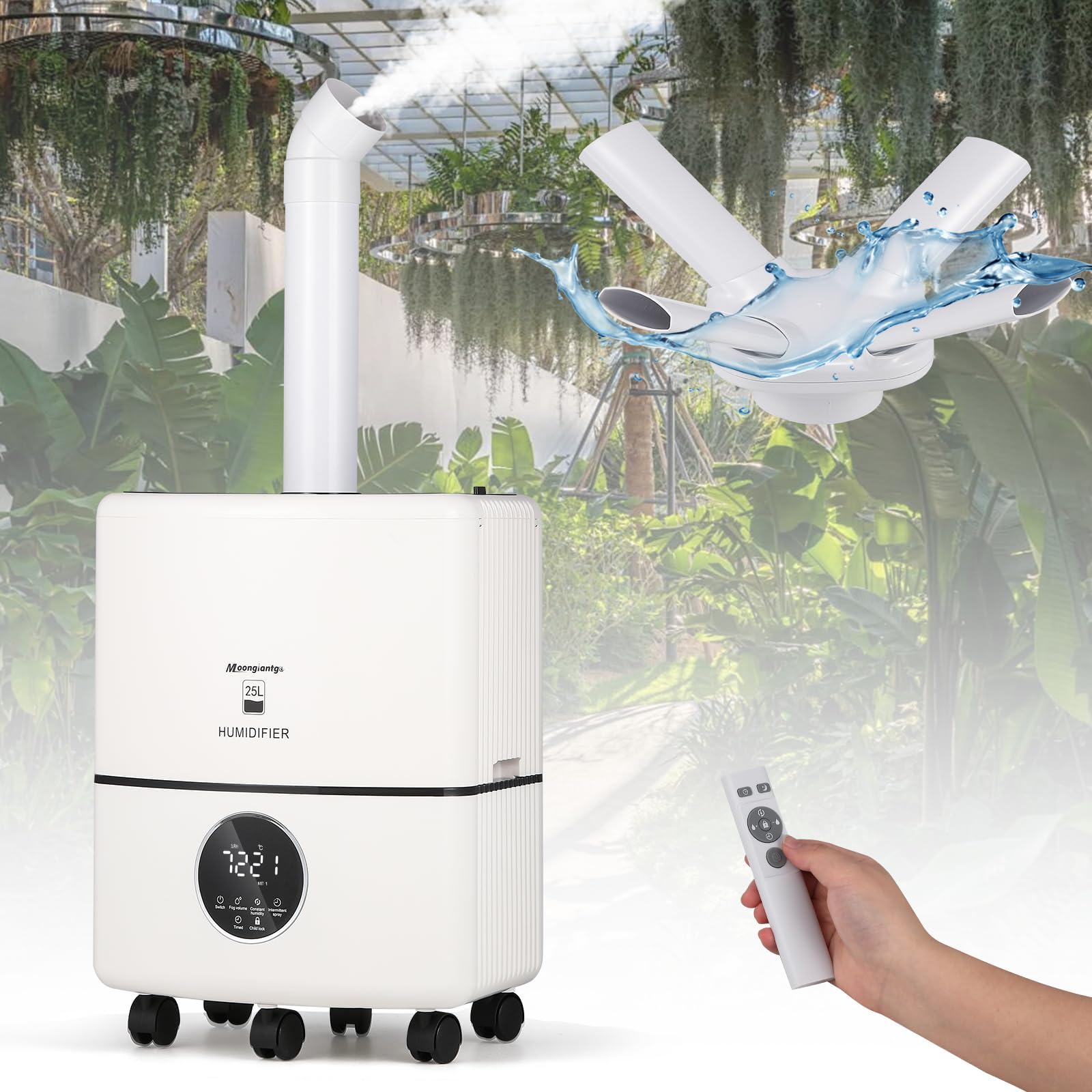 Moongiantgo 25L/6.6Gal Commercial Industrial Humidifier Whole House Humidifier 2100 sq.ft, 4000ML/H Output Cool Mist Humidifiers with 8 Atomizers&3 Mist Modes for Home Office Greenhouse Commercial Use
