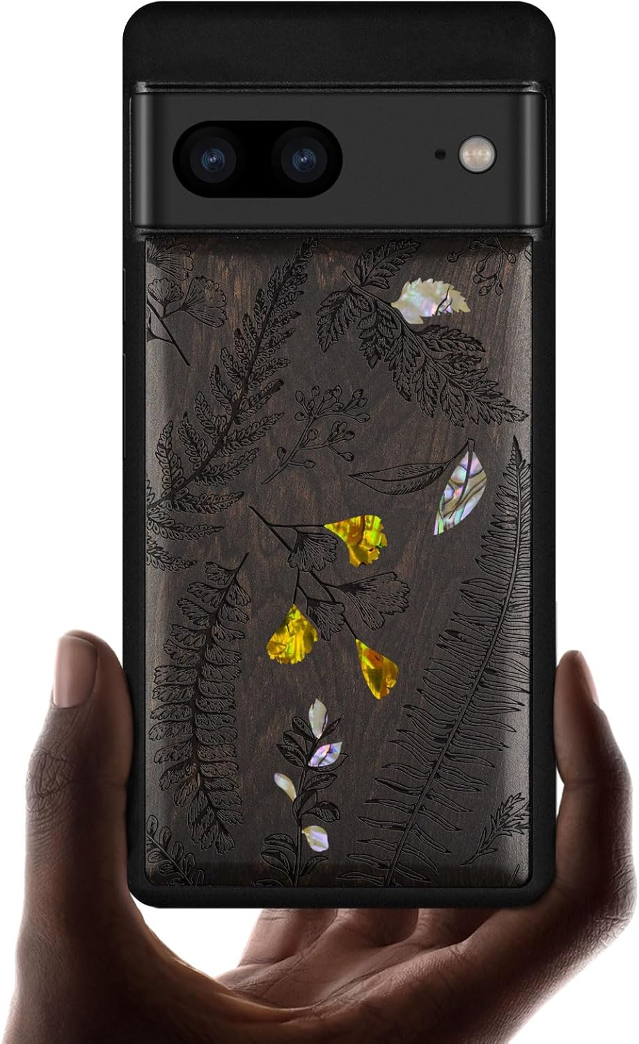 Carveit Designer Wooden Case for Google Pixel 7 Case Protective Cover [Wood Engraving & Shell Inlay] Compatible with Wireless Chargers Pixel 7 (Fern Leaves & Herbs-Blackwood)