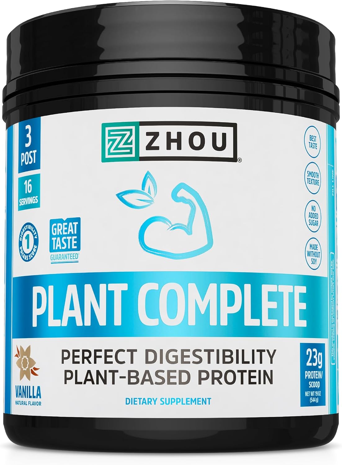 Zhou Plant Complete Vegan Protein Powder - Plant Based Protein Powder for Women & Men, Non Dairy Rice & Pea Protein Blend for Smoothies and Shakes, 21g Per Serving - Vanilla, 17.7oz (16 Servings)