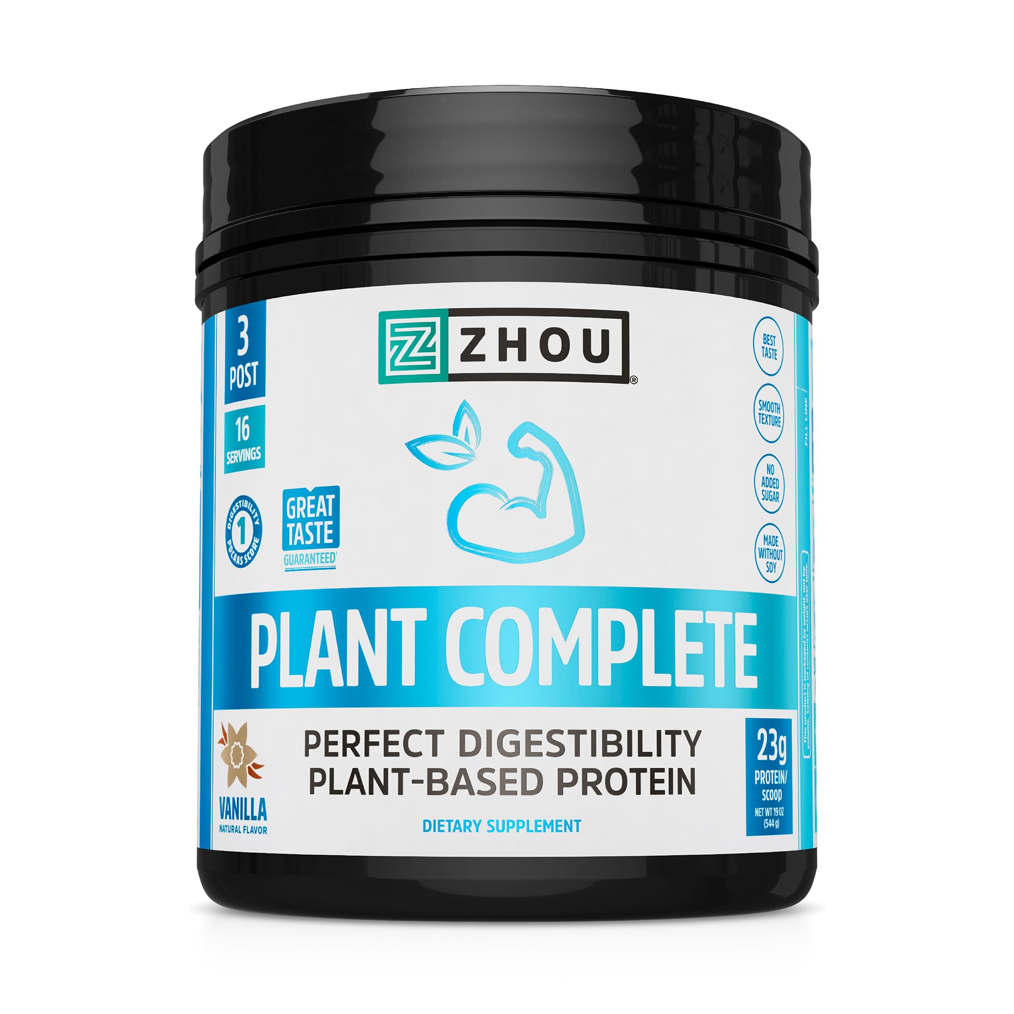 ZHOUNutrition Plant Based Vegan Protein Powder, Best Absorption & Digest Score, Complete Amino Acid Profile, Dairy Free, Soy Free, Gluten Free, Sugar Free, Vanilla, 21g Protein/Scoop - 16 Servings