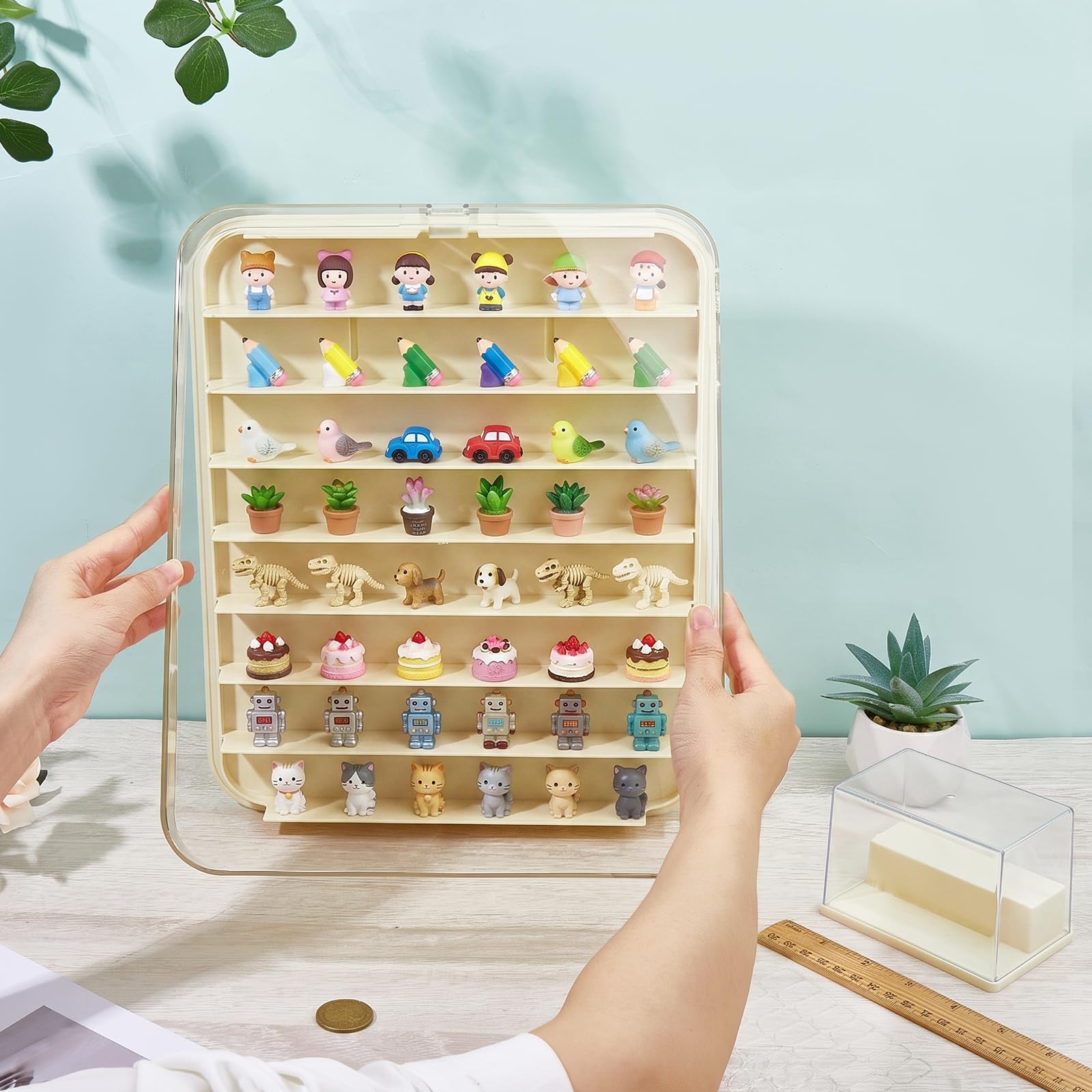 Espositore per statuette, da parete e da scrivania, 3 pezzi | Vetrina multi mini figure, organizer trasparente antipolvere per oggetti da collezione, action figure e pietra, con adesivi