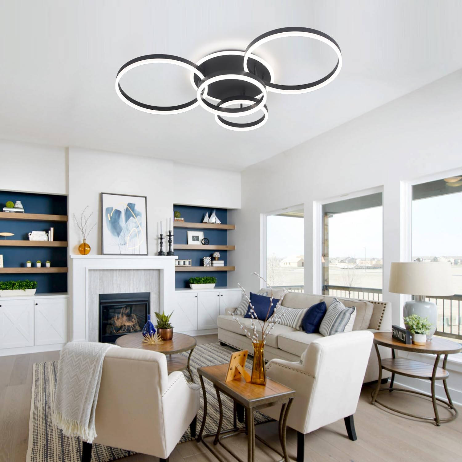 4-Rings Modern LED Chandelier with Remote Semi-Flush Mount Ceiling Light Dimmable 39’’ Black Ceiling Lamp with Remote for Living Room Dining Room (3000K-6500K)