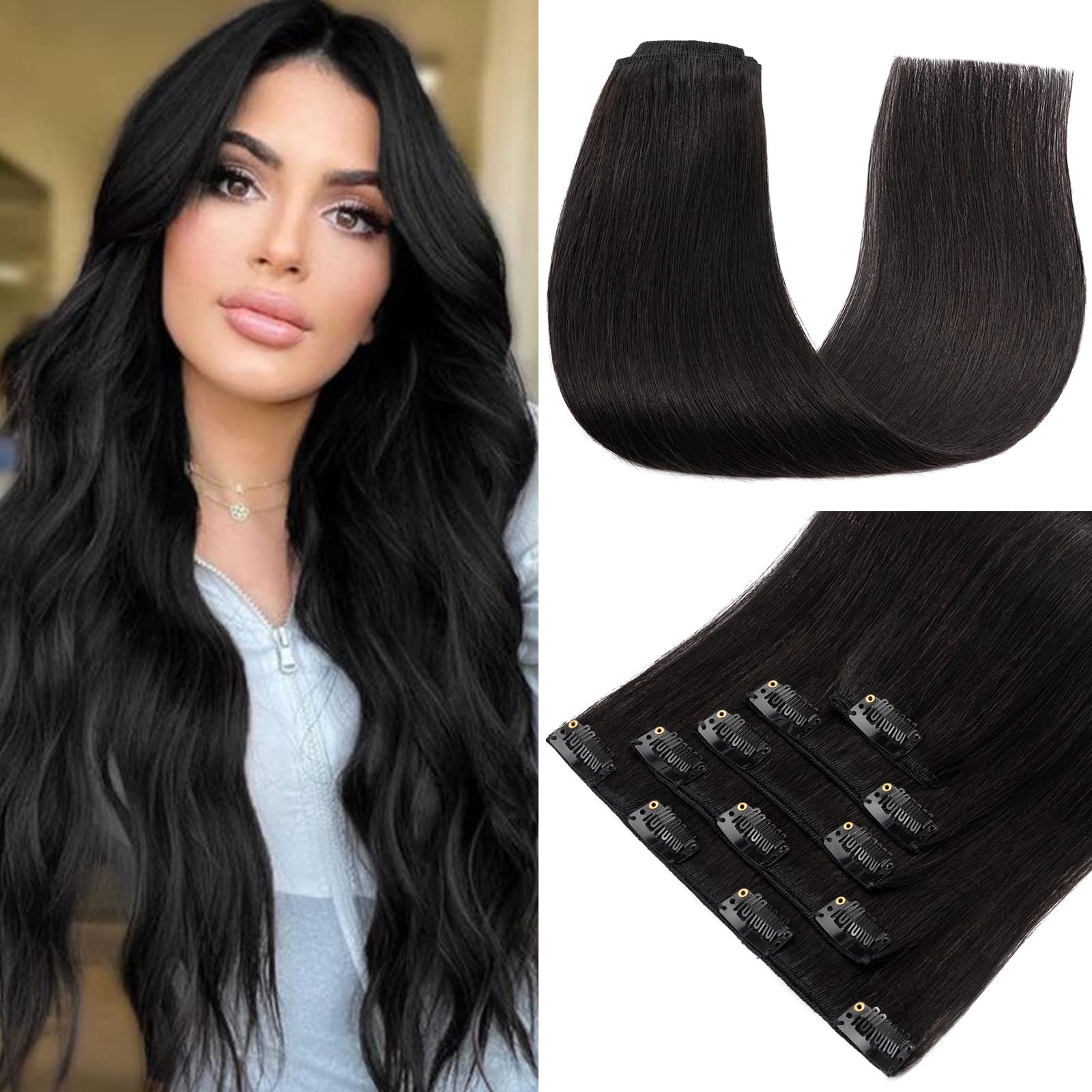 S-noilite Clip in Hair Extensions Human Hair Natural Black