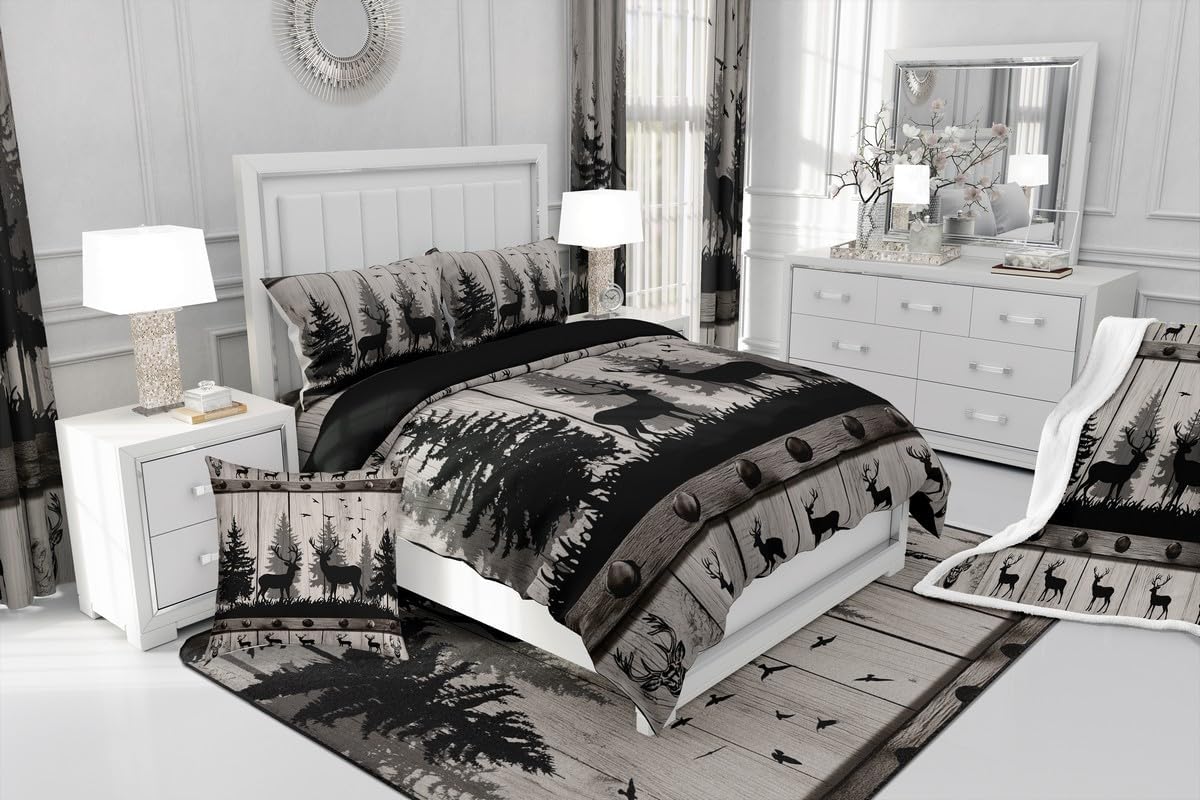 Feelyou Moose Print Comforter Set Queen Size Rustic Cabin Bedding Set for Kids Boys Girls Wildlife Hunting Duvet Quilt Forest Bedroom Decor Microfiber 3 Pcs with 2 Pillow Cases