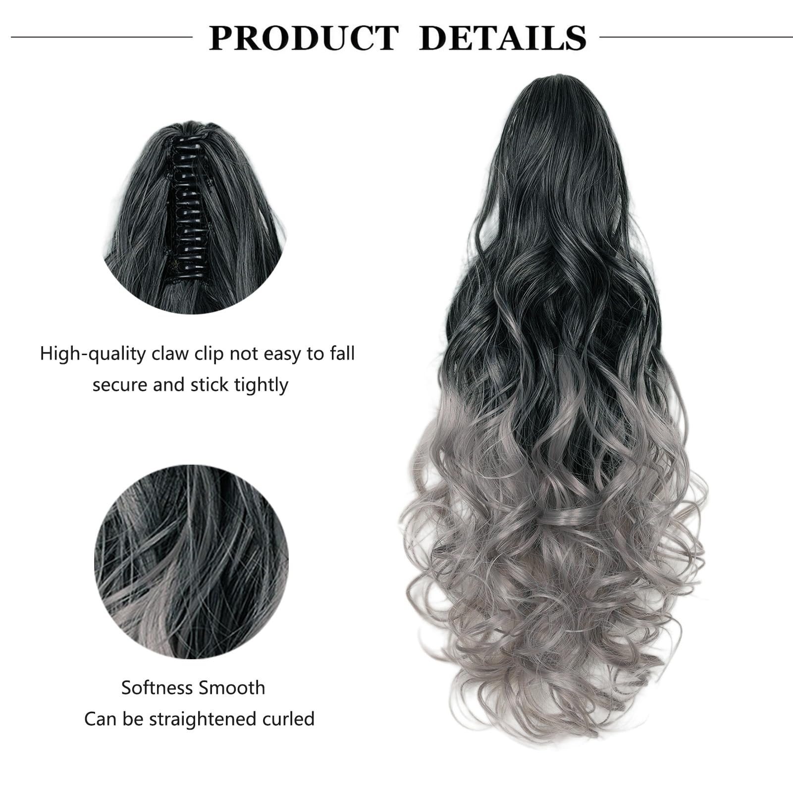 Cybelleza Ponytail Extension Curly Wavy Claw Jaw Pony Tail Clip in Hair Extensions Hairpiece Synthetic Long for Women (Black Ombre Grey) - Image 2