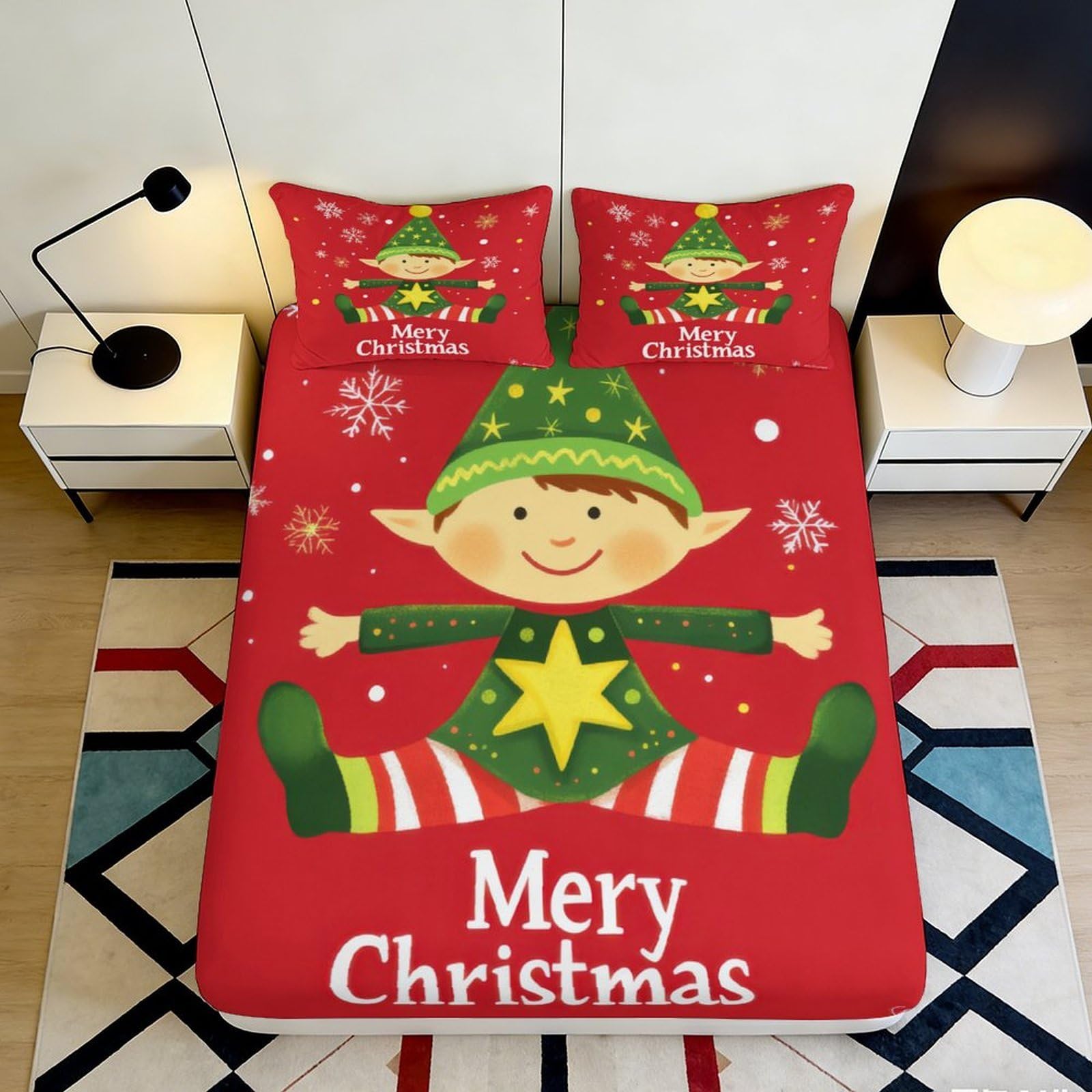 3D Printed Christmas Elf Fitted Sheet Microfiber Red Bed Cover for Bedroom Guest Room Dorm Decor Easy Care 90x200x25cm