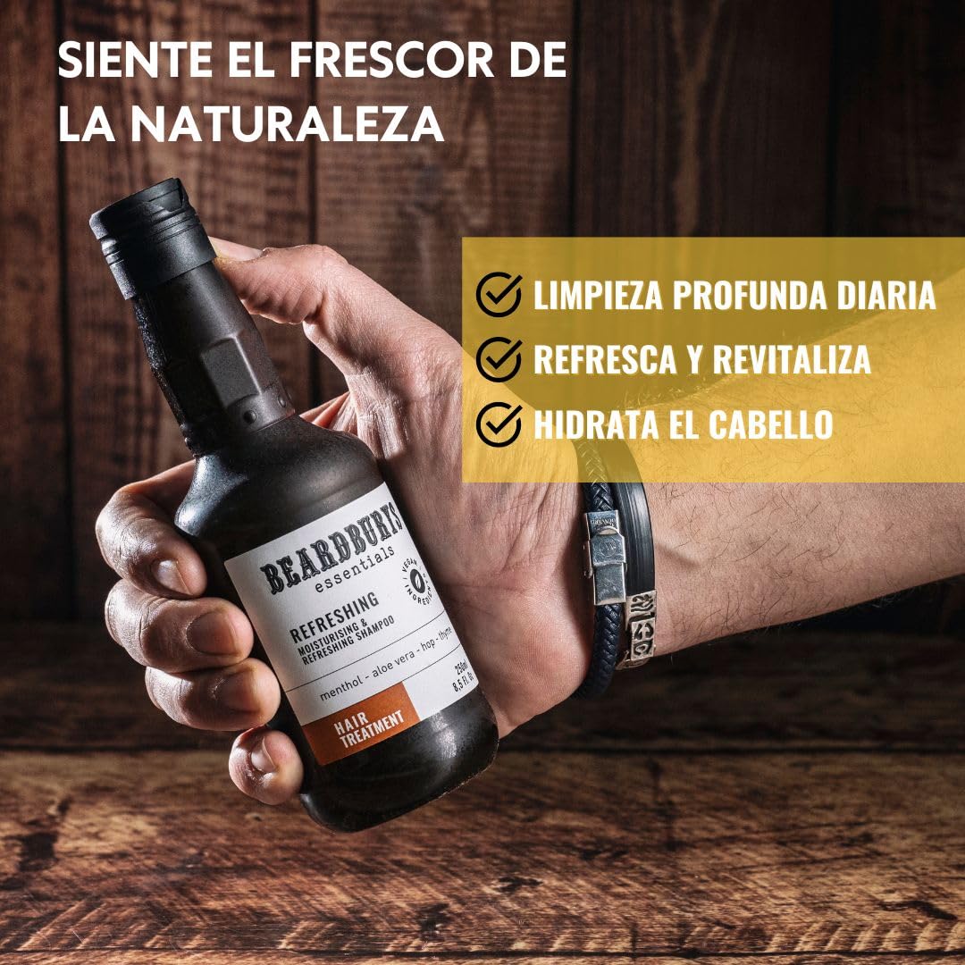 Beardburys Essentials | Pack 2 Champú Refrescante para Hombre Uso Diario, Apto para Cabello Graso, Limpia y Purifica el Cabello, Sin Parabenos ni Siliconas - 250ml