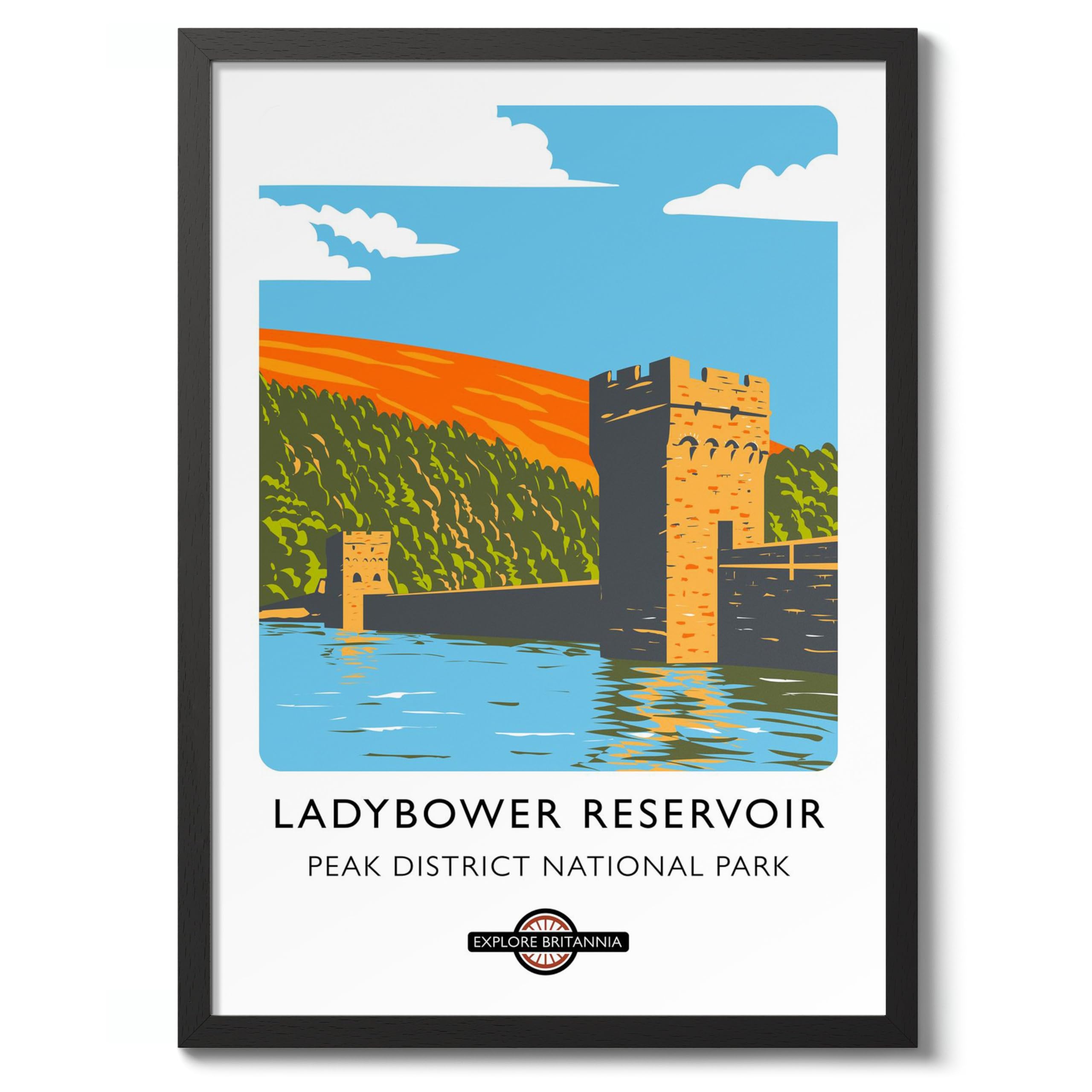 Ladybower Reservoir, Peak District National Park England Travel Poster, Explore Britain Modern Illustration Destination Print, Modern British UK Living Room Decor, 50x70cm (Black Frame) - 53x73cm โ image 1