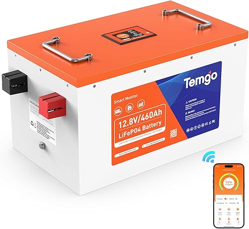 TEMGO - Batería de litio LiFePO4 de 12 V 460 Ah con pantalla táctil, monitoreo de aplicaciones, BMS de 250 A integrado, potencia de carga máxima de