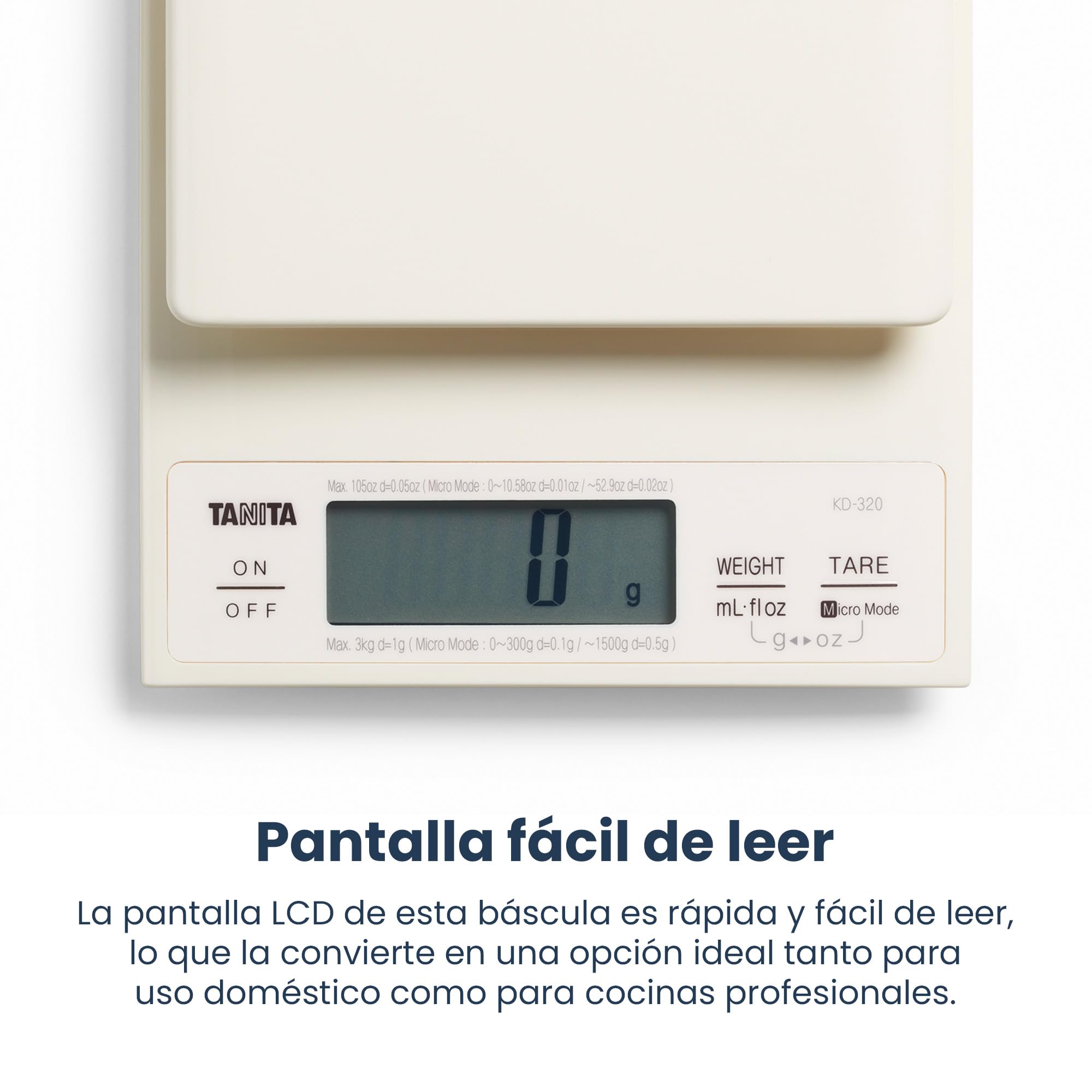 Tanita KD-320 Báscula digital de cocina, 3 kg, acero inoxidable, crema, LCD