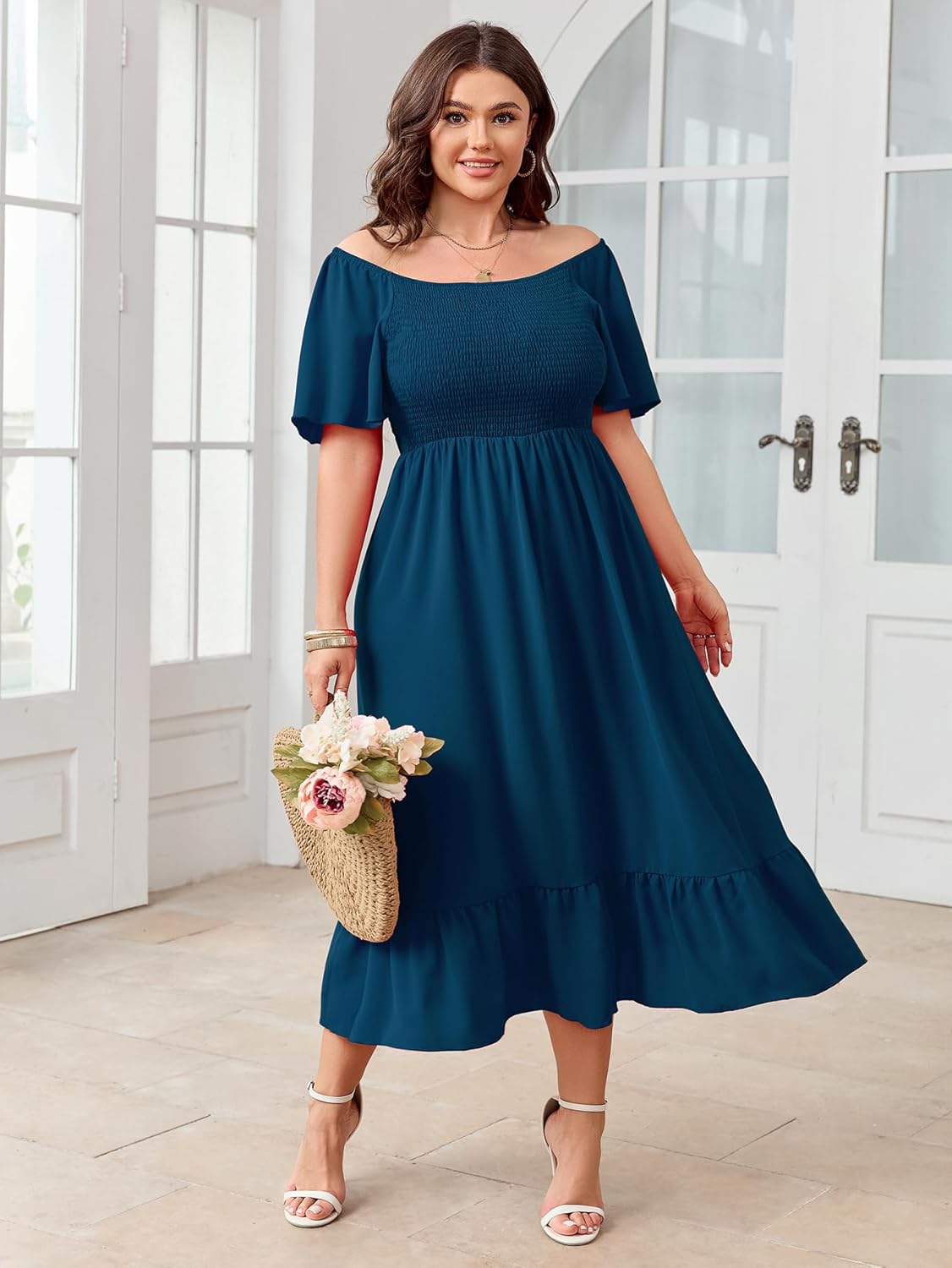 SCOMCHIC Women's Plus Size Summer Dress Casual Short Sleeve Scoop Neck Maxi Dress Smocked Ruffle Boho Flowy Long Dresses - Image 2