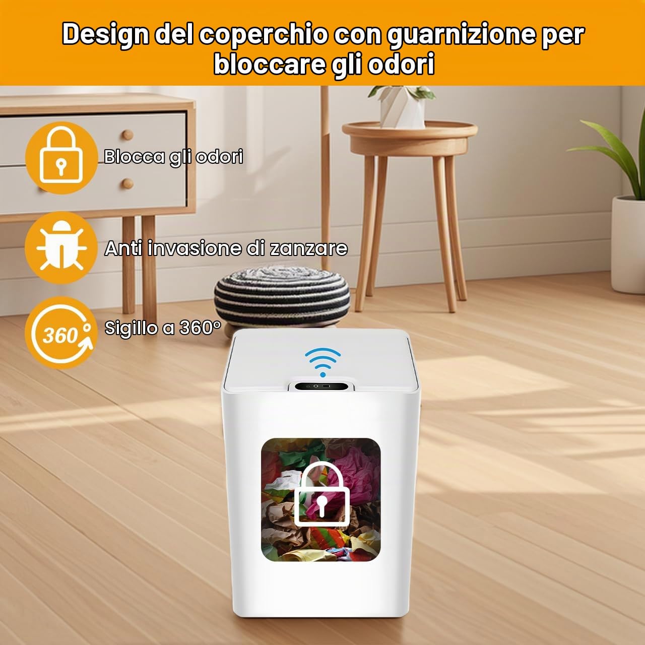 Pattumiera Intelligente con Sensore,Pattumiera Automatica 15 L Silenziosa,IPX5 Impermeabile,Elettrico Pattumiera Bagno con Coperchio per Cucina,Bagno,Ufficio e Soggiorno,Bianco
