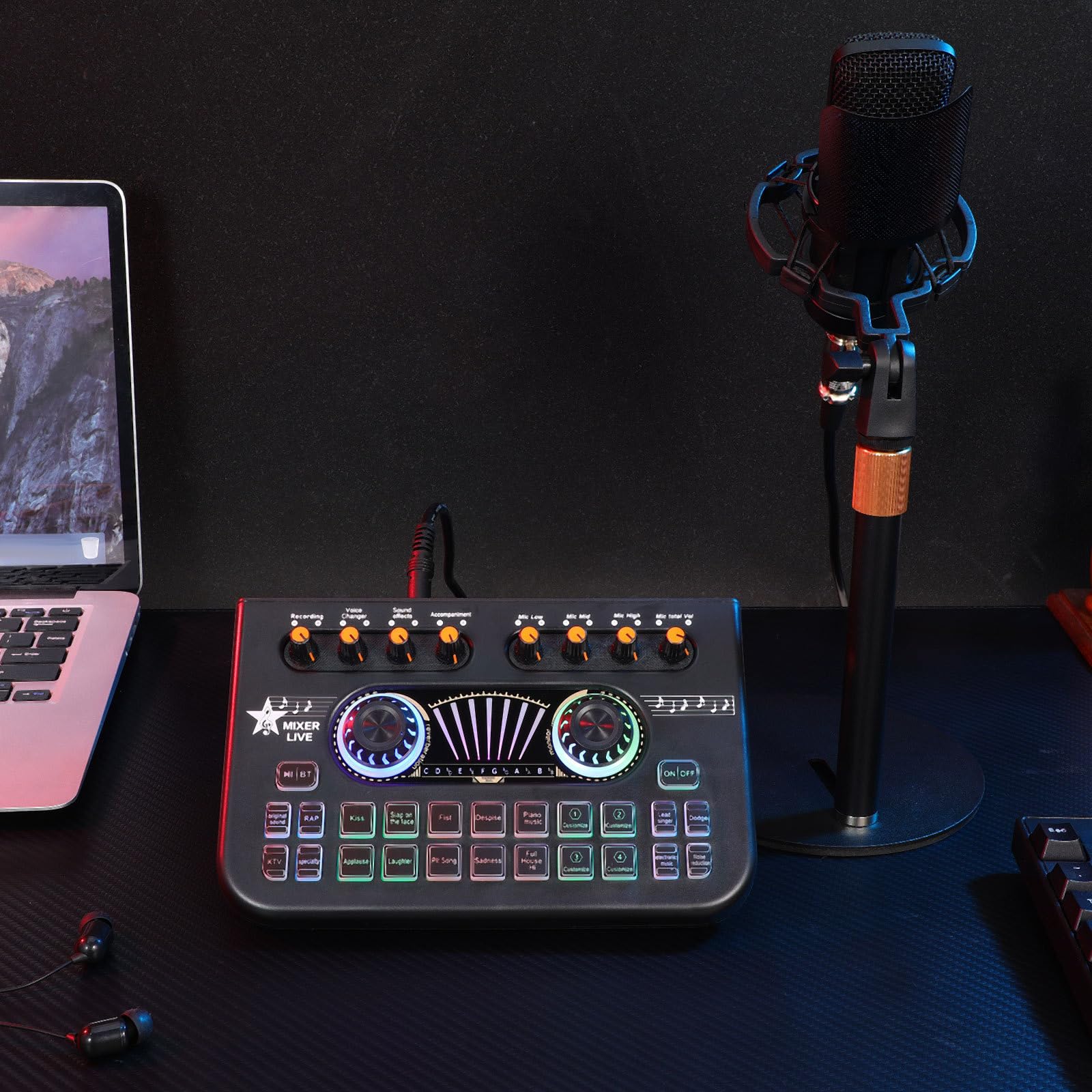 STOBAZA Audiomixer Soundkarte mit Mikrofon und Stativ Schwarzes Metall Kunststoff Satz Plug And Play Low Latency für Recording und Gaming Professionelle Klangqualität