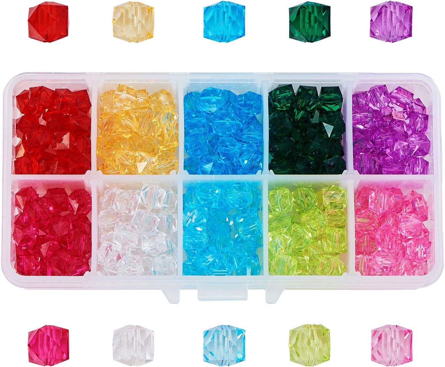LiQunSweet 300 Pcs 10-Colors Transparent Acrylic Fake Ice Loose Faceted Cube Beads Assorted for Jewelry Making & Craftings - 8x8mm
