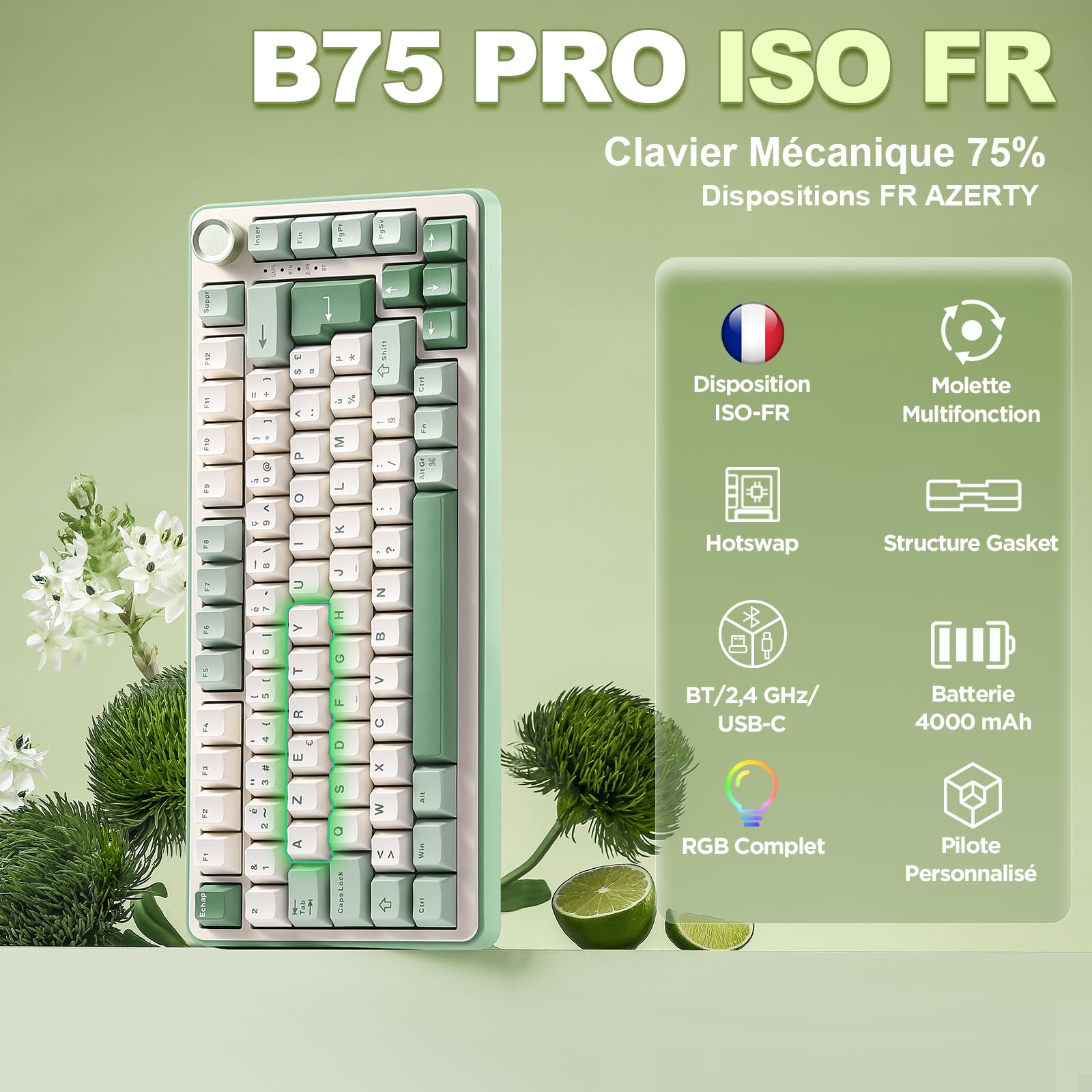 YUNZII B75 PRO Teclado mecánico inalámbrico para juegos, diseño AZERTY, formato 75%, Bluetooth 5.0/2.4GHz/USB-C, RGB, conmutadores intercambiables en caliente, estructura gasket (Matcha Green, Milk | francés. Disposición 75%, Bluetooth 5.0/2,4/USB-C con c