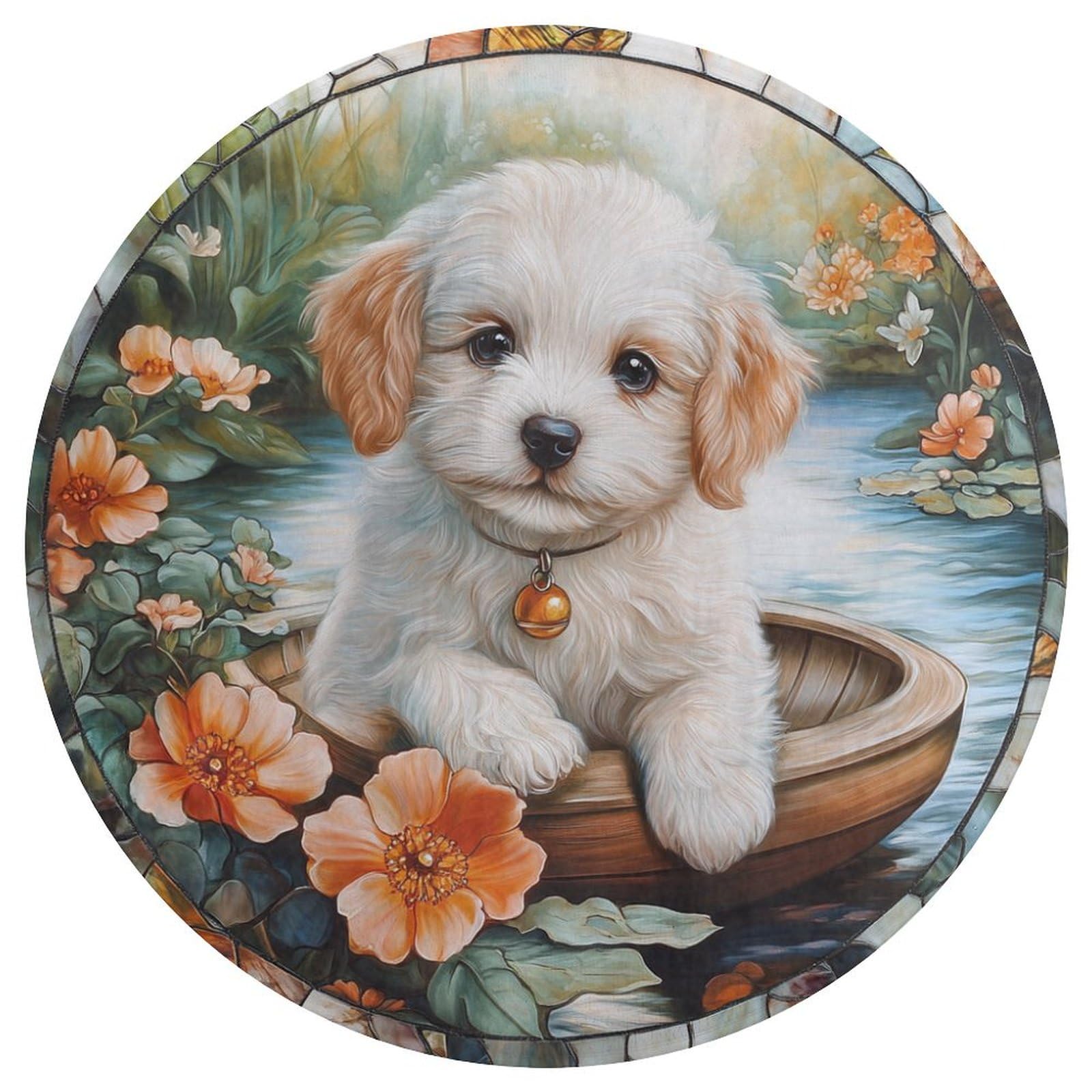 Tapis moderne antidérapant rond 90 cm motif chiot sur bateau pour décoration intérieure