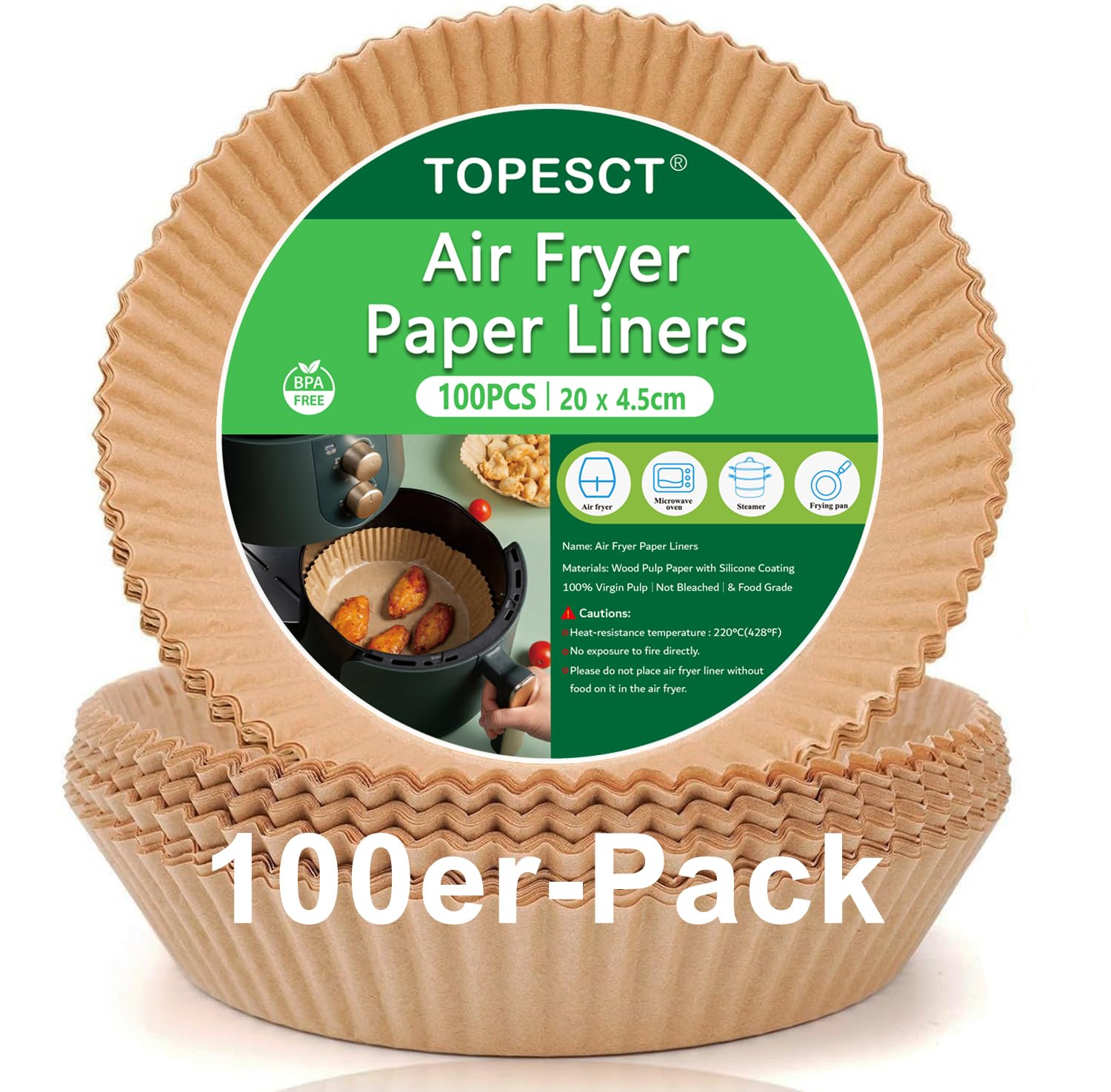 100 Stück Backpapier für Heißluftfritteuse Rund, 20cm Fettdichte Airfryer Backpapier, Kompatibel mit 4,5-8L Körben (Ninja Cosori Philips Cecotec Midea Russell Hobbs XL XXL Air Fryer)